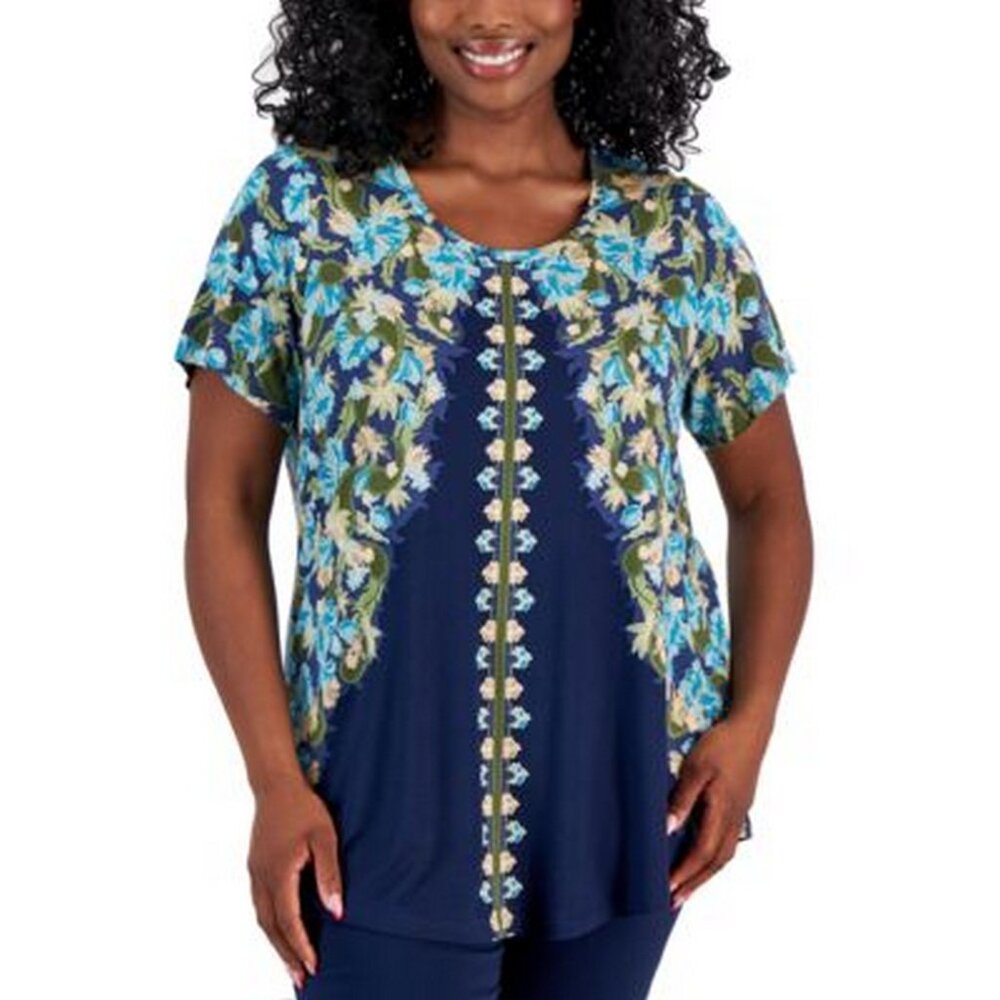 JM Collections Oaklyn Ornate Print Top Womens 3X Navy Turquoise Floral Silky